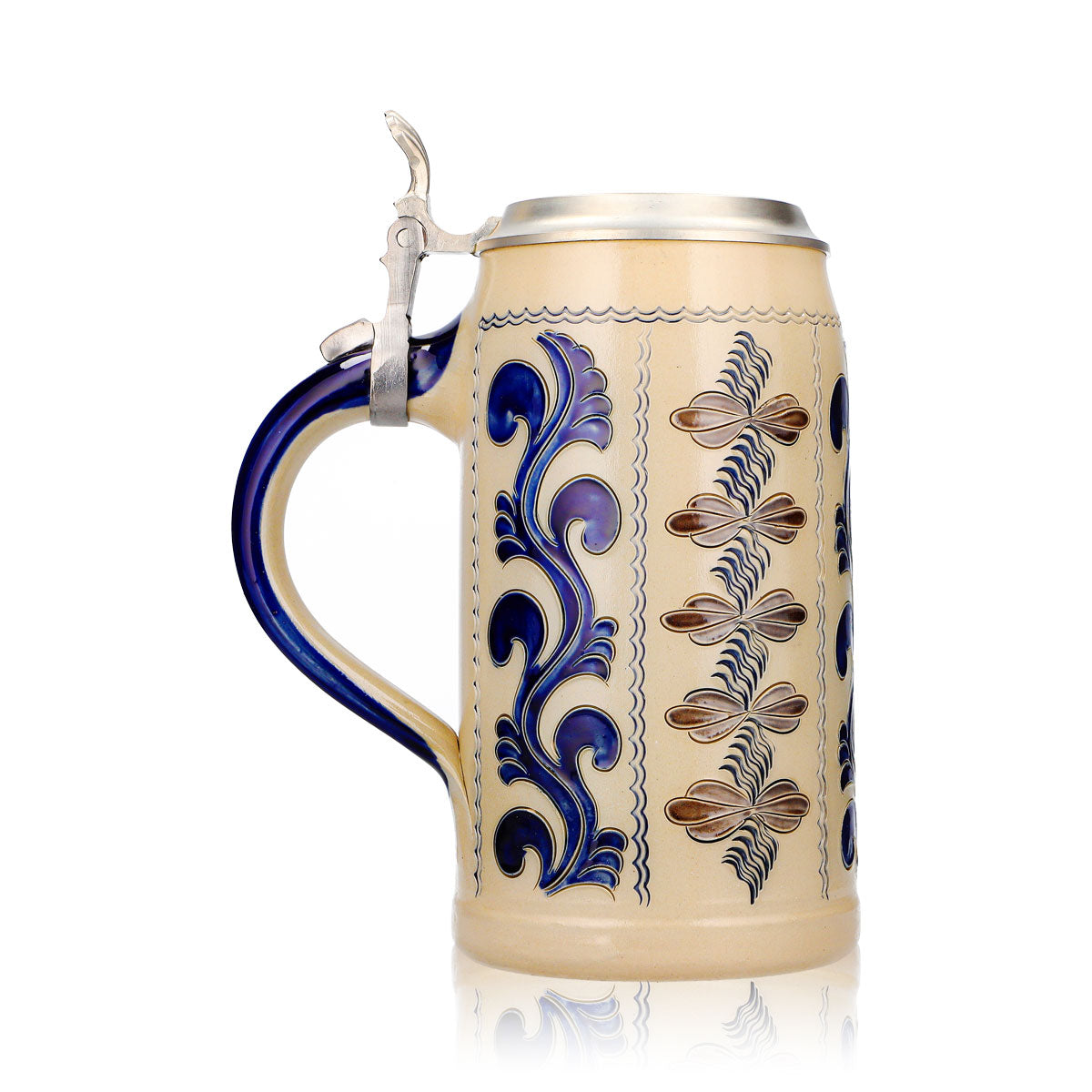 Bicchiere da birra Rastal, boccale in terracotta da 1,25 l con coperchio in stagno, blu/grigio, con motivo verticale in terracotta – Vista 3