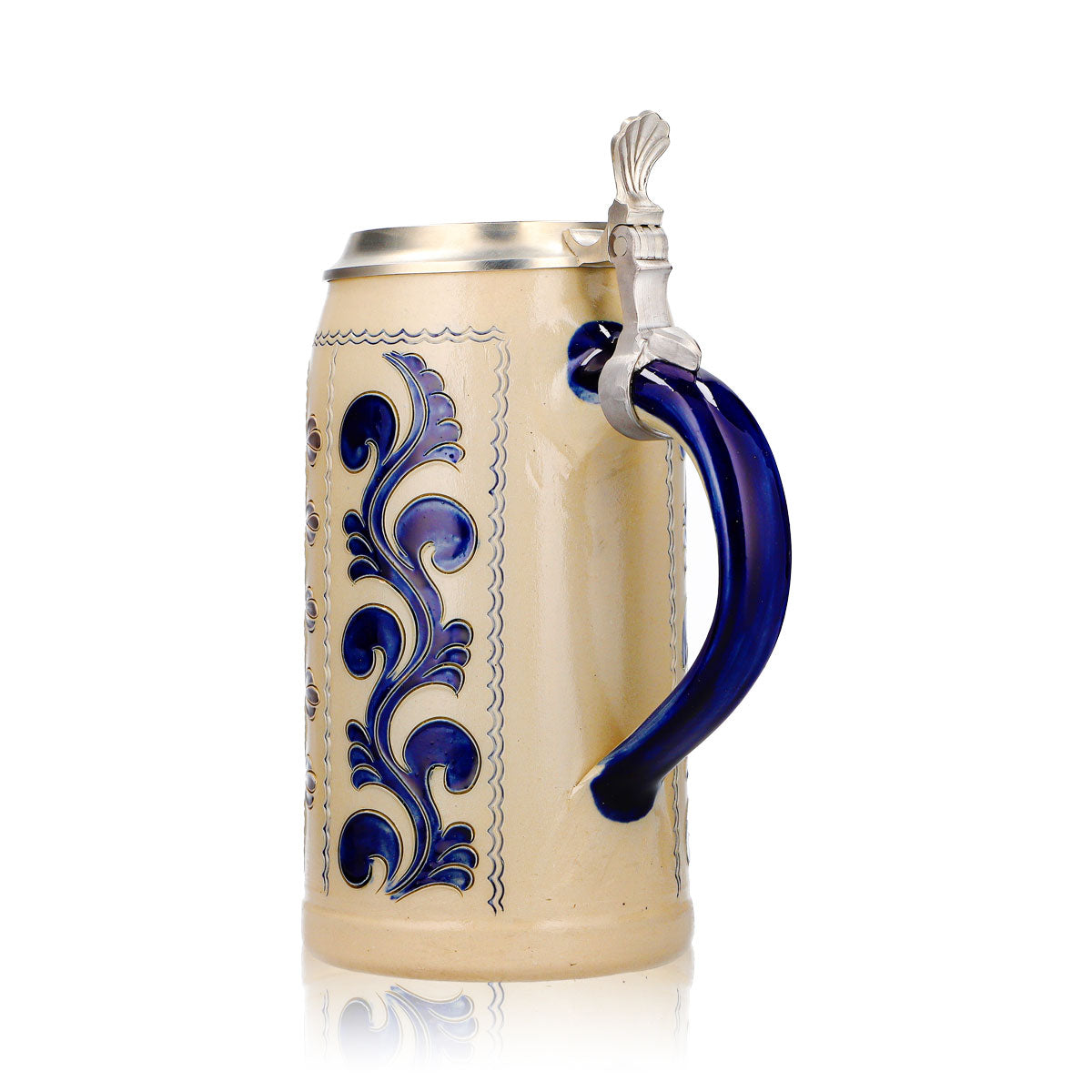 Bicchiere da birra Rastal, boccale in terracotta da 1,25 l con coperchio in stagno, blu/grigio, con motivo verticale in terracotta – Vista 4