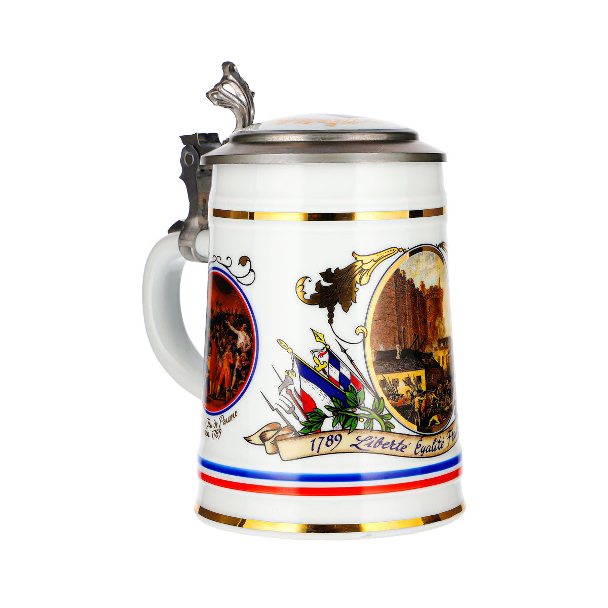 Boccale da birra Rastal “Rivoluzione francese” con coperchio in stagno, vetro e ceramica