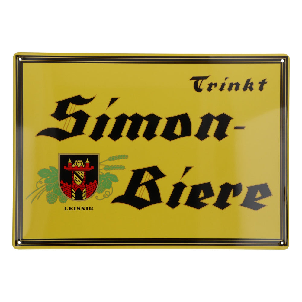 Targhetta in metallo gialla "Simon-Biere" - Bevi le birre Simon-Biere Leisnig 29,5x21 cm