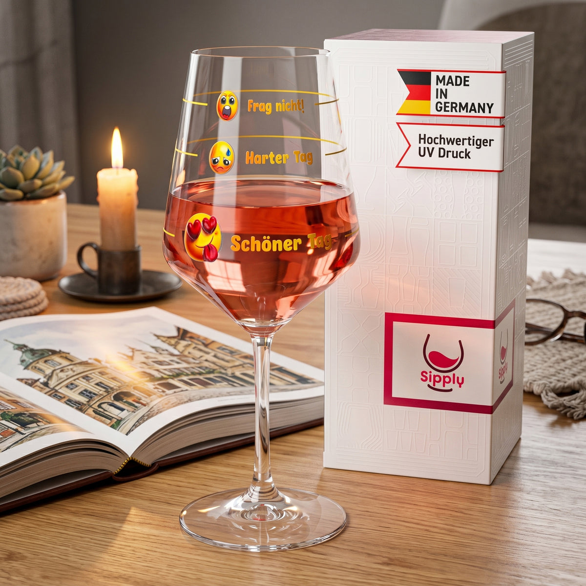 Bicchiere da vino Sipply con la scritta «Non chiedere: giornata dura, giornata bella» e emoji, 0,5 l – Vista 3