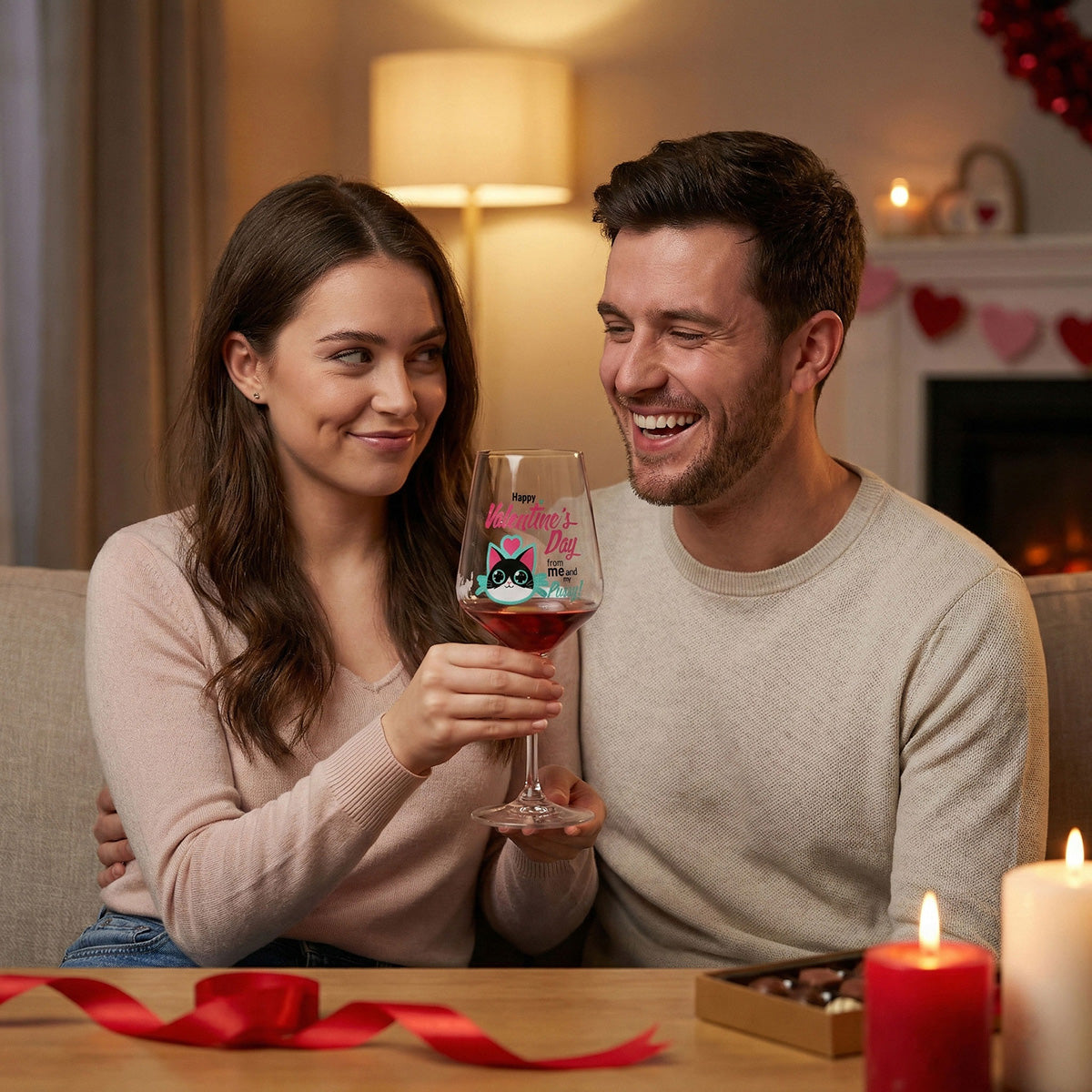 Bicchiere da vino Sipply per San Valentino con gatto + scritta "Happy Valentines Day" Regalo 0,5 l – Vista 3