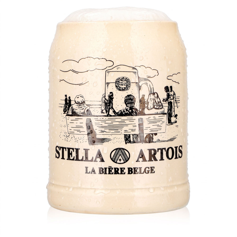 Bicchiere da birra Stella Artois, boccale in terracotta, boccale da birra da 0,5 l, panca con motivo "La Bière Belge" in terracotta