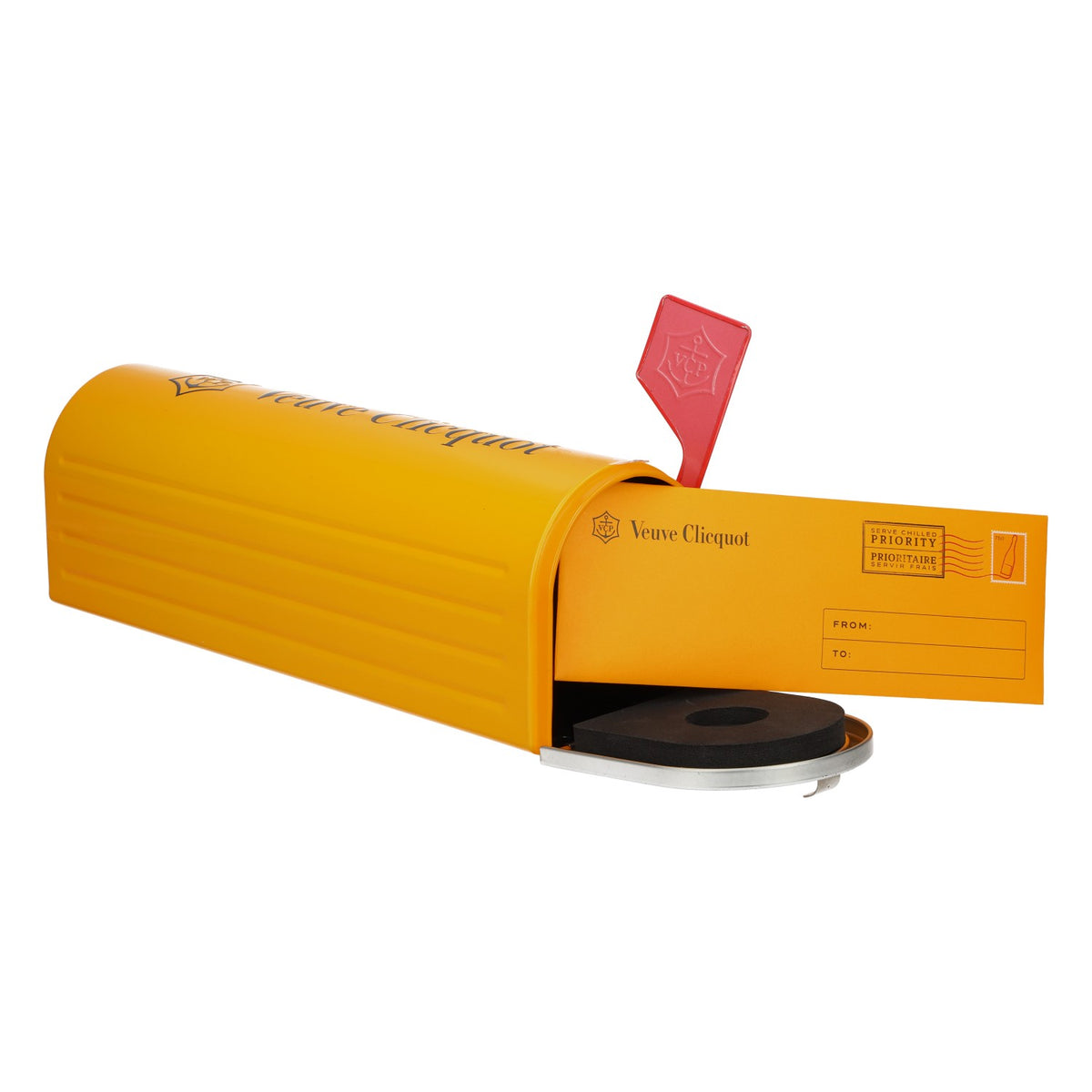 Scatola per bottiglie di champagne Veuve Clicquot, modello da cassetta postale statunitense, in metallo arancione – Vista 5