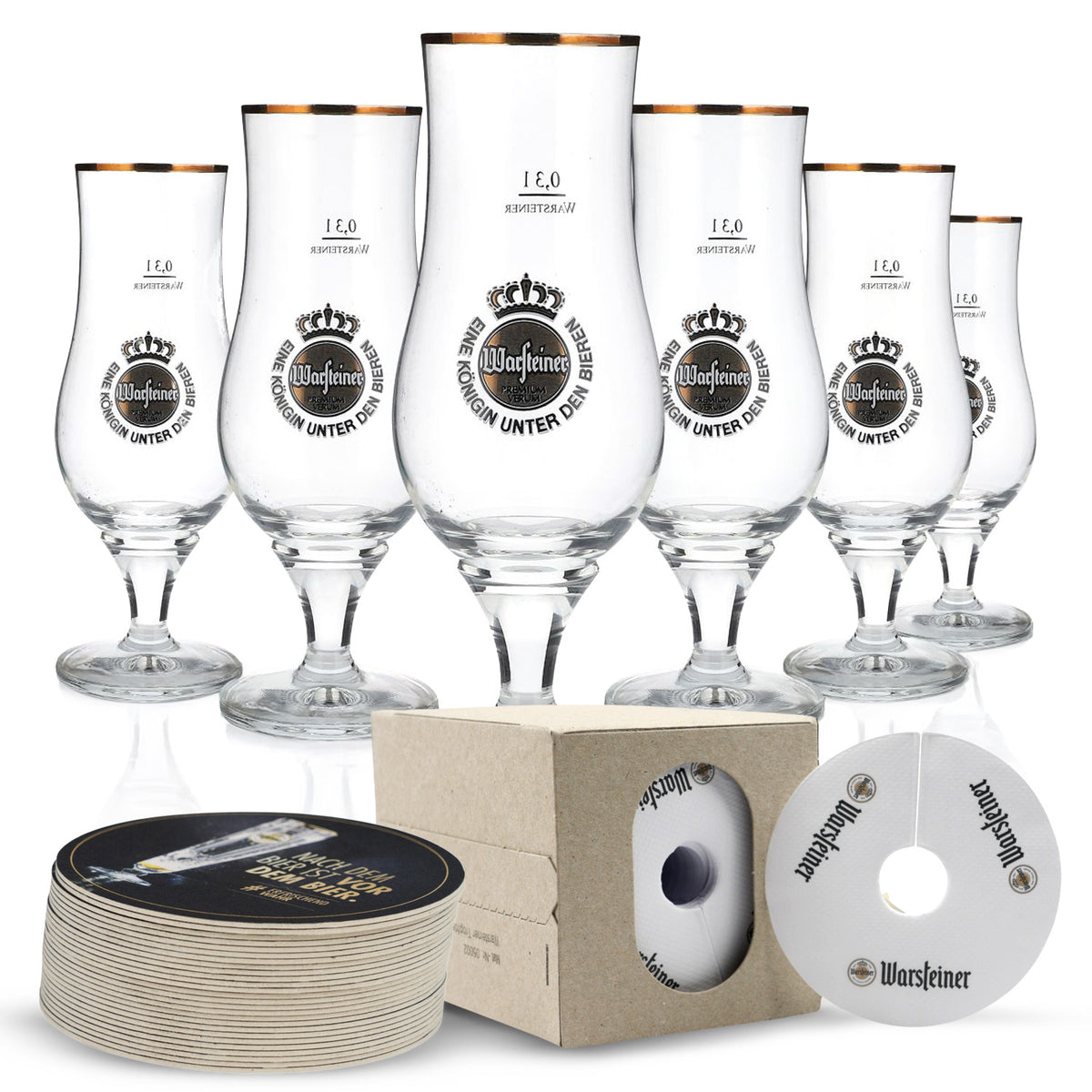 Set da bar Warsteiner Bier composto da 6 bicchieri a calice, 100 sottobicchieri e 1000 gocciolatoi
