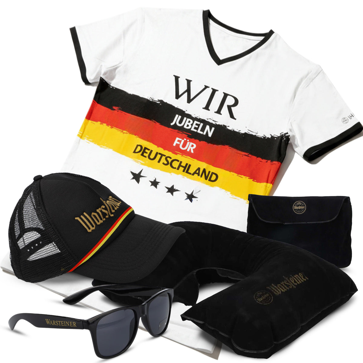 Set per fan della birra Warsteiner composto da 1 cappellino, 1 paio di occhiali da sole, 1 maglietta e 1 cuscino